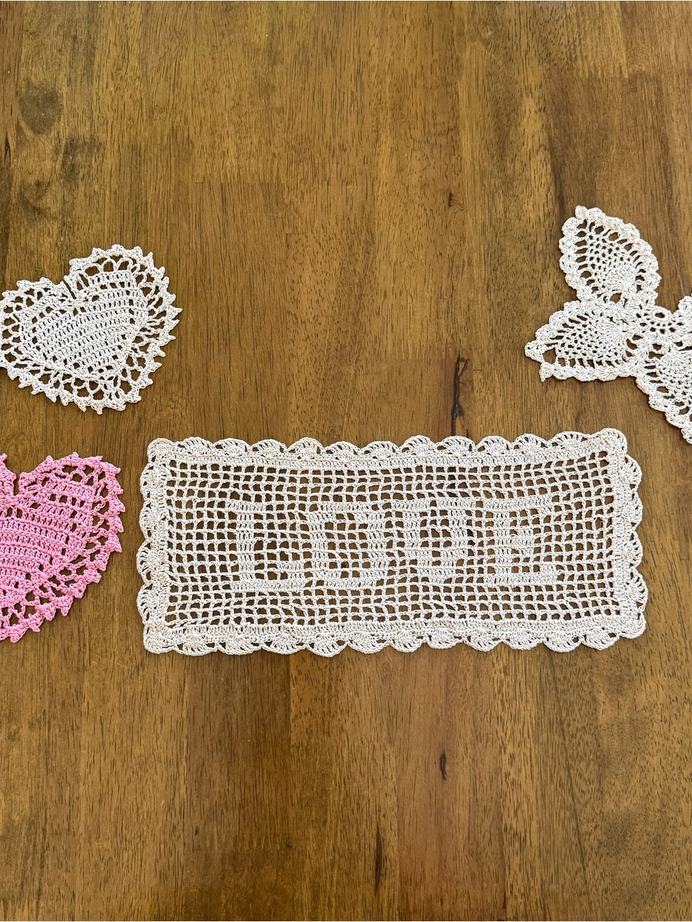 Handmade Cream filet Crochet 'LOVE' butterfly heart Doilies